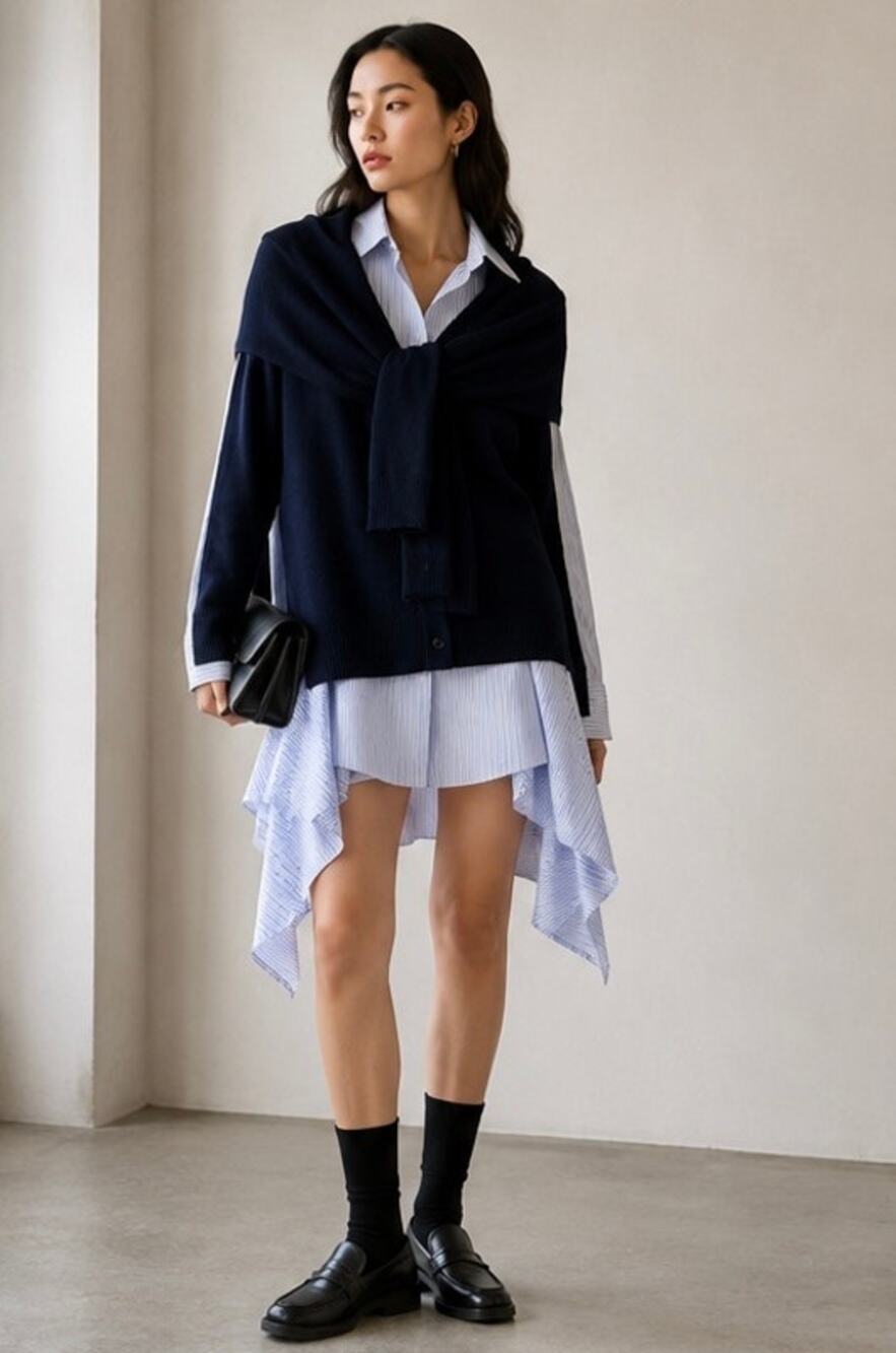 MONSE Combo-Knit Asymmetric Dress Navy Blue Striped Layered Sweater Dress US4